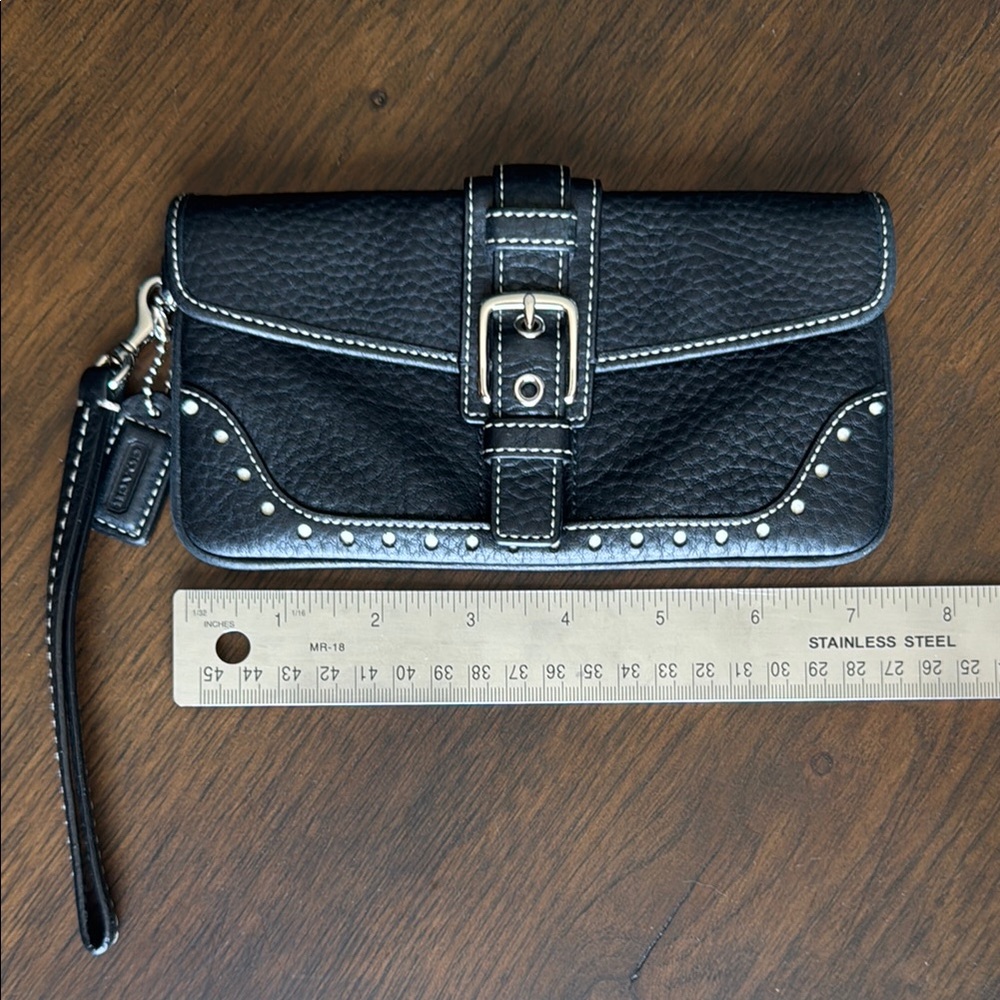 Coach Black Leather Wristlet with Stud Details